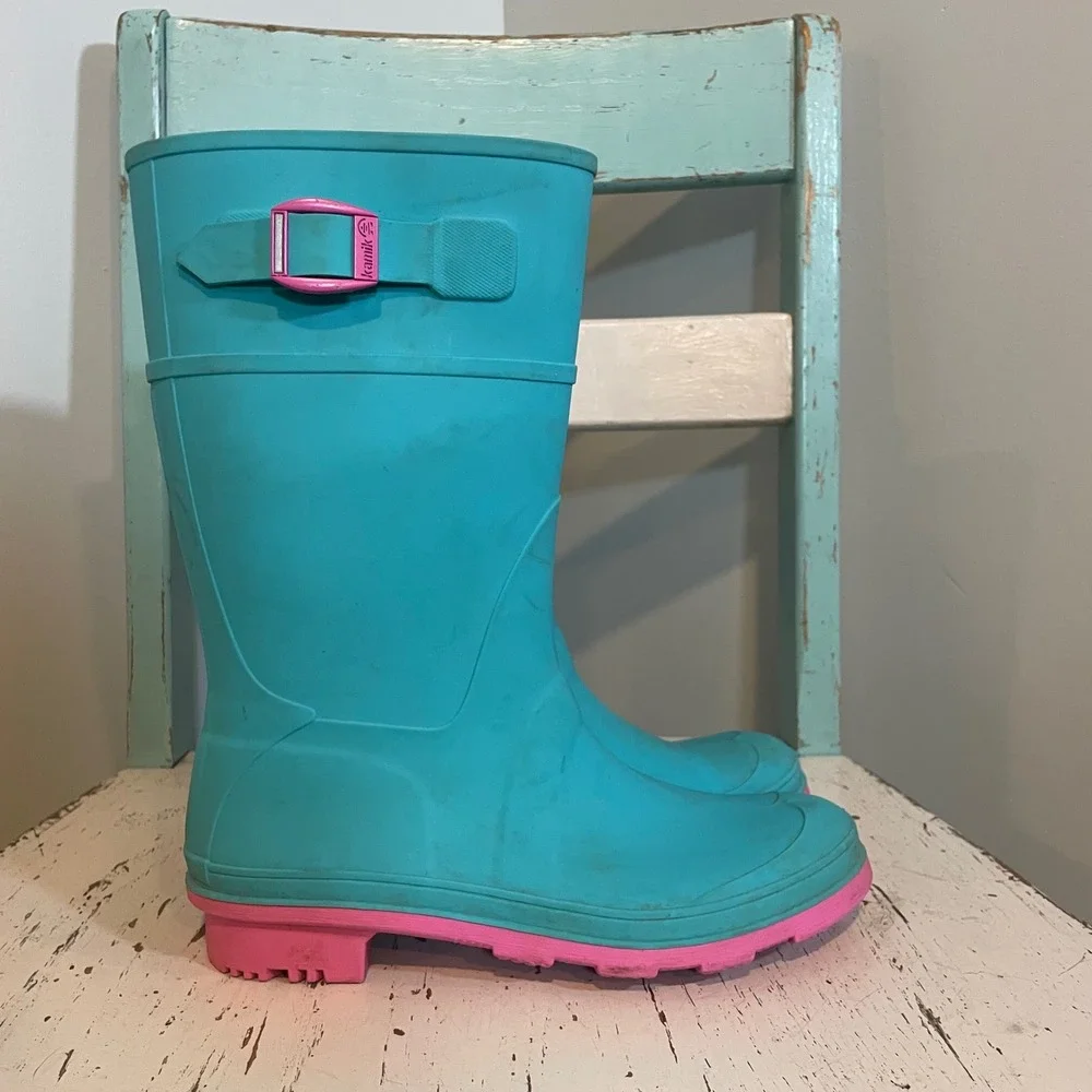 Kamik Raindrops Kids Turquoise Pink Waterproof‎ Rubber Rain Boots Size 4 Wellies